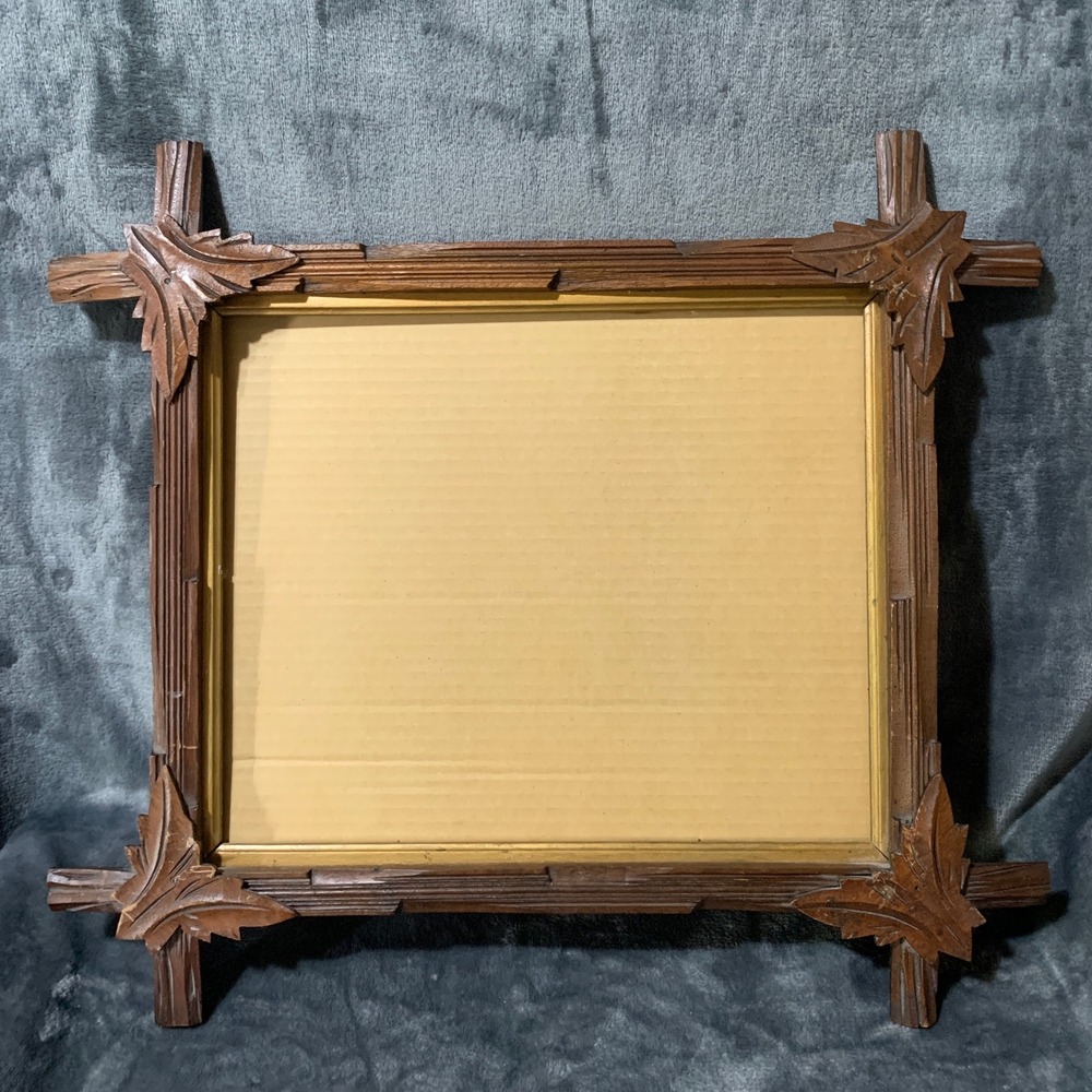 Antique Arts Crafts Picture Frame Brown Adirondack Forest Leaves Faux Wood Cabin